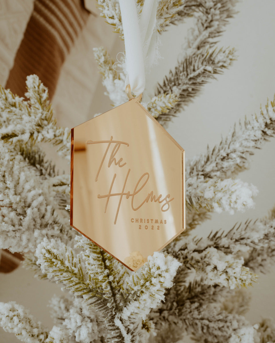 Last Name Engraved Hex Ornament