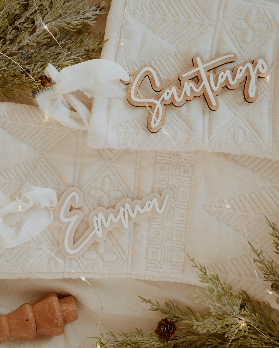 Wood and Acrylic Custom Name Tags, Custom Stocking Tags, Double Layer Name Tags