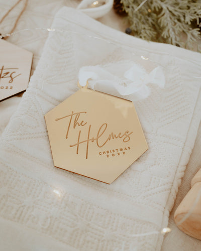 Last Name Engraved Hex Ornament
