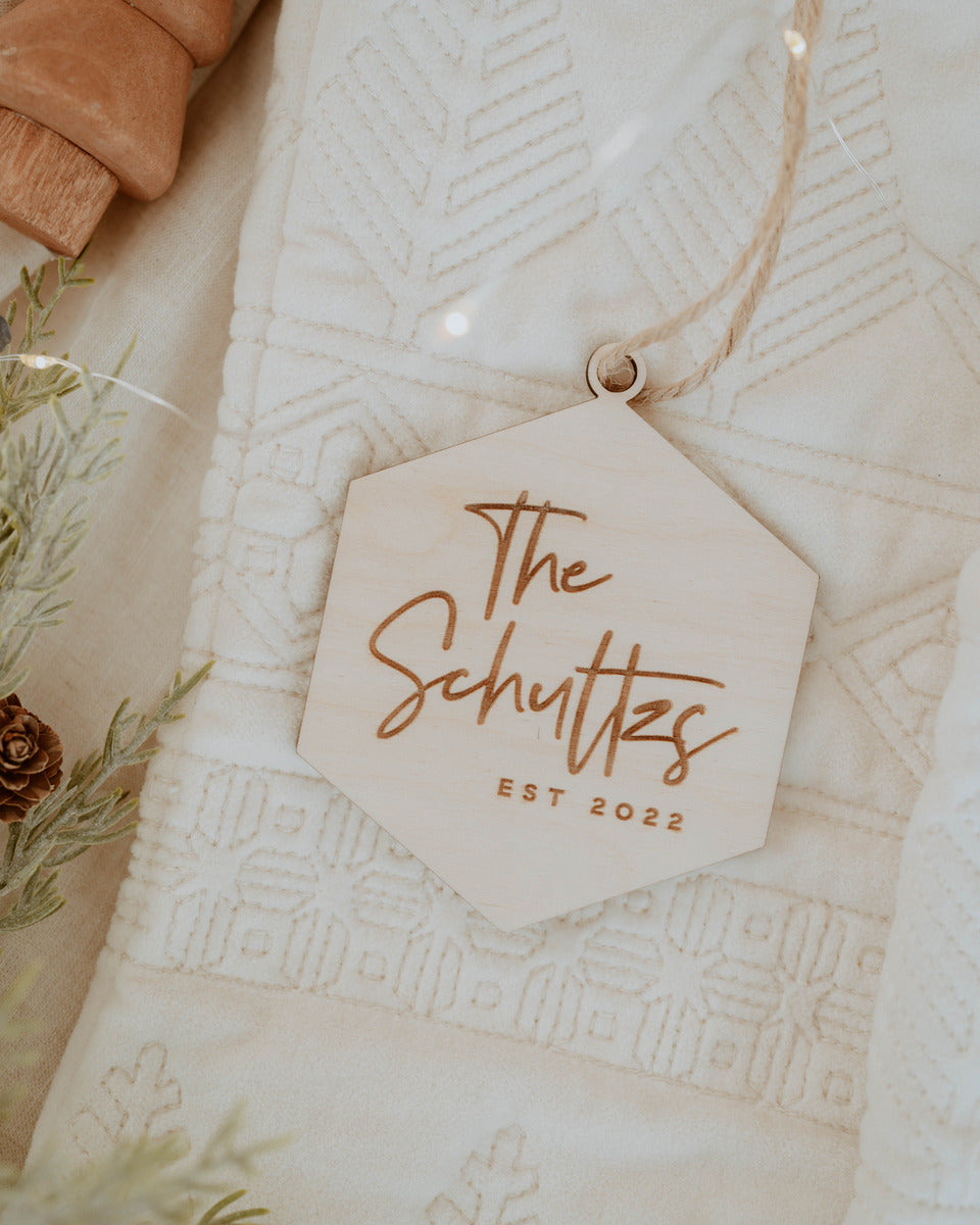 Last Name Engraved Hex Ornament