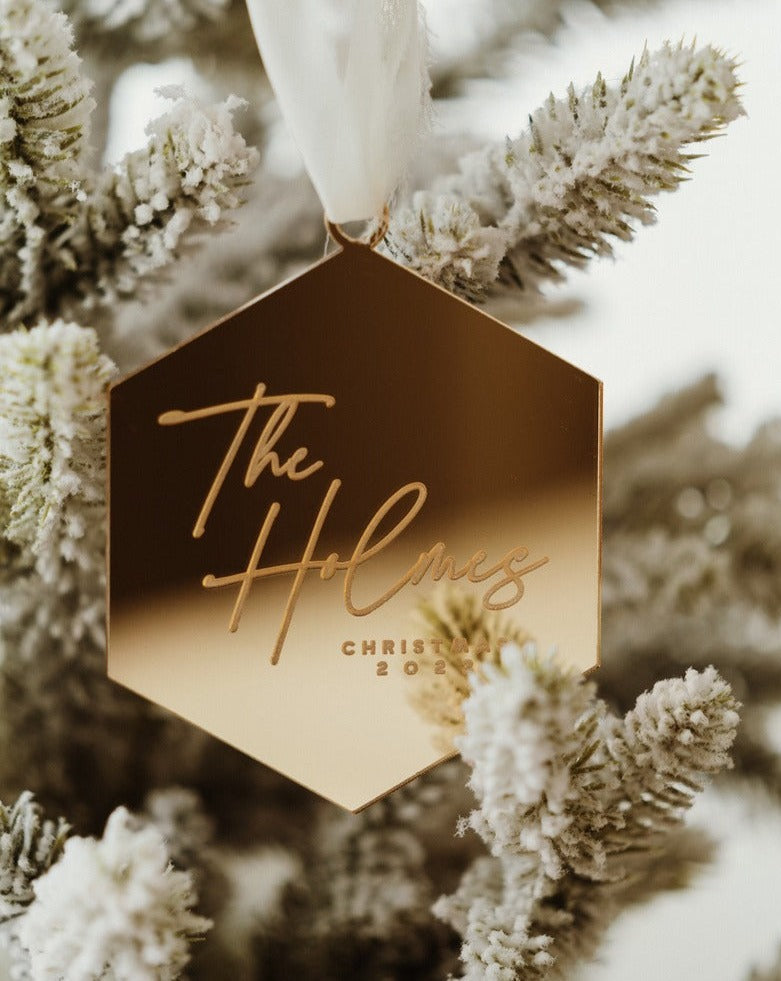 Last Name Engraved Hex Ornament