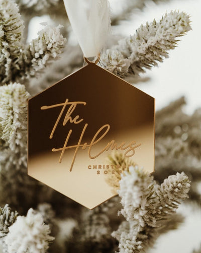 Last Name Engraved Hex Ornament